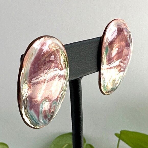 Abstract Design Enamel & Hammered Copper Earrings For Pierced Ears - Picture 6 of 8